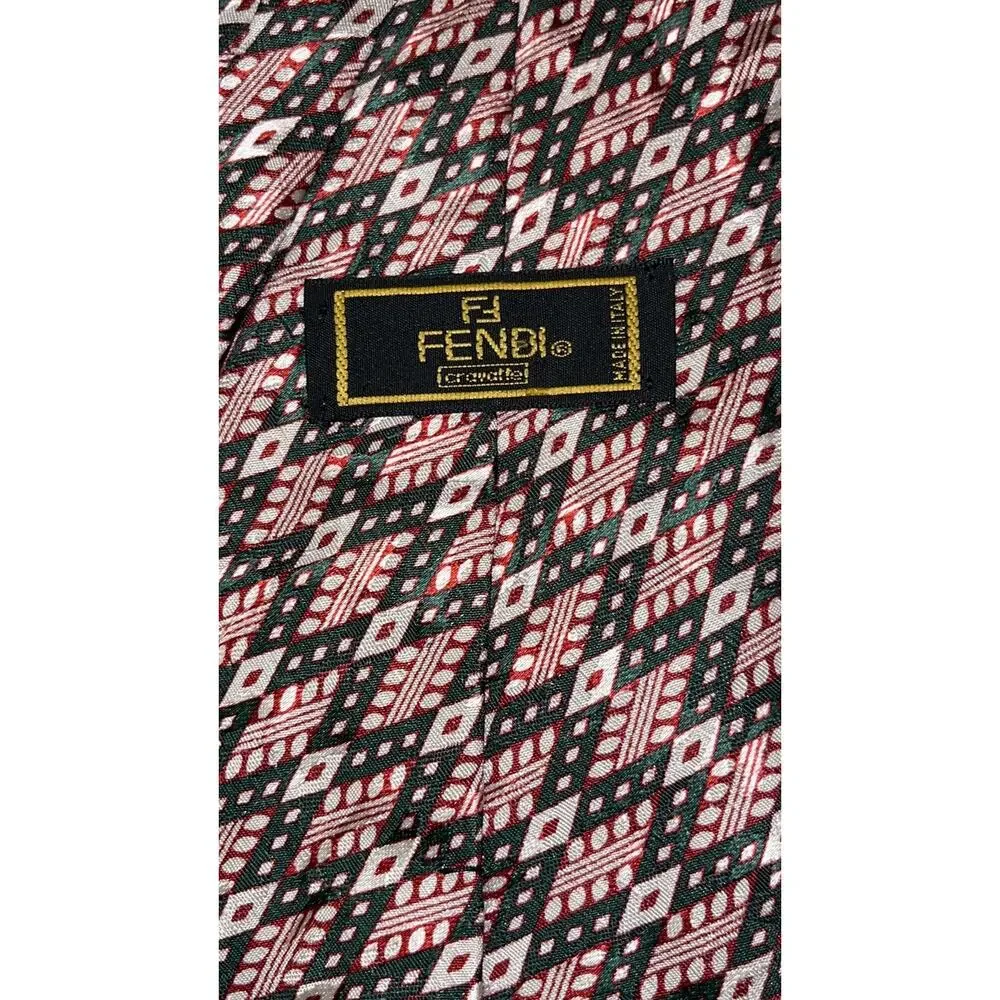 Vintage FENDI Silk Neck Tie - Green & Red Geometric - 4
